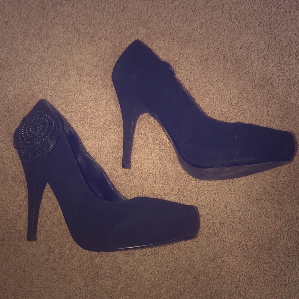 Black suede heal with flower detail